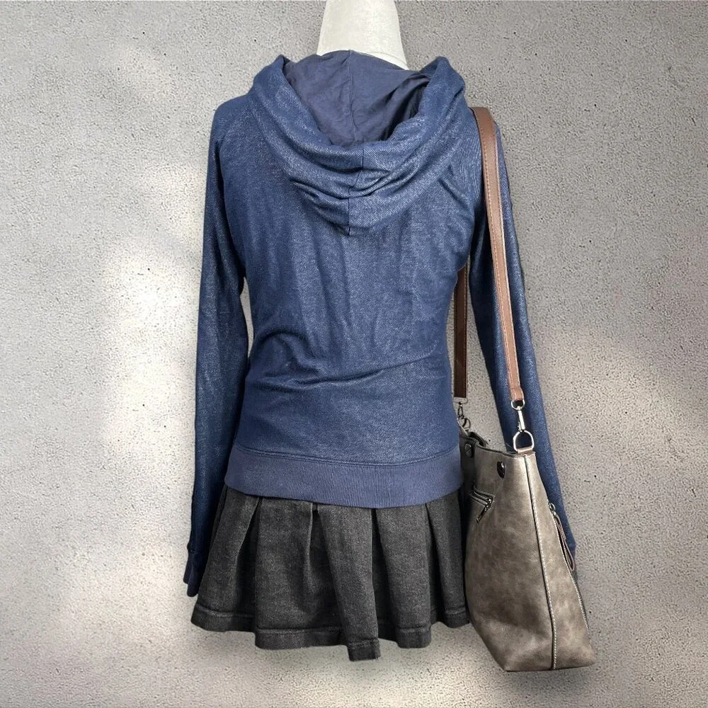 Bebe Rhinestone Logo Zip Hoodie Women’s Small Dark Blue Y2K 2000 Retro Lace Trim
